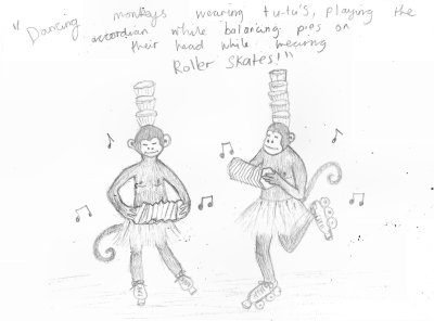 Dancing monkies wearing pink tu-tu's, playing the accordian while balancing pies on their head while wearing roller skates by linzi fay